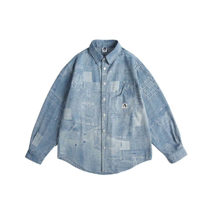 Unisex Oversized-Denim-Shirt Jacket with Patchwork Print and Snap Button Placket Mune Fashion