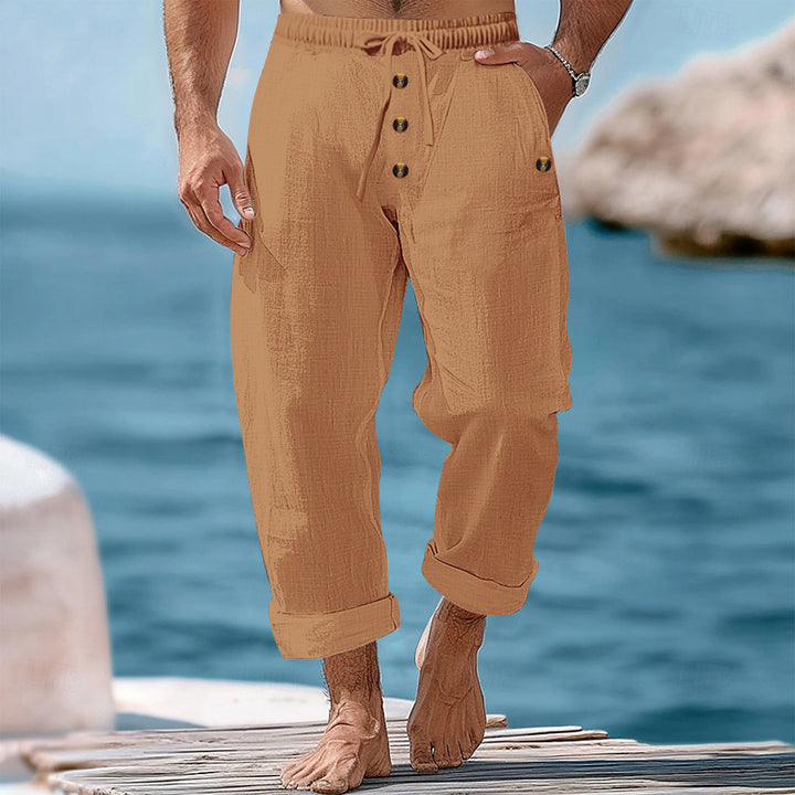 Men's casual linen-cotton pants with elastic waistband, drawstring, and rolled-up hem Mune Fashion
