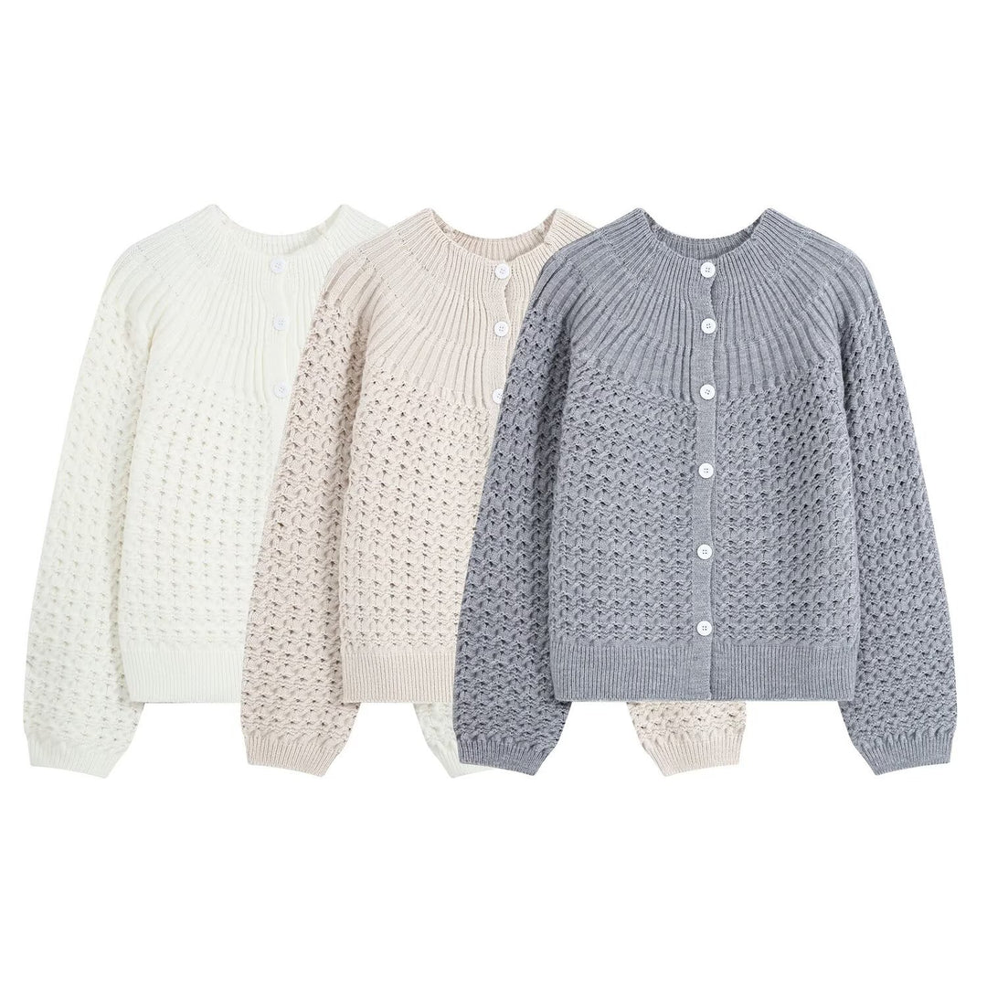 Women's structured cardigan with round yoke, textured stitch pattern and button placket Mune Fashion