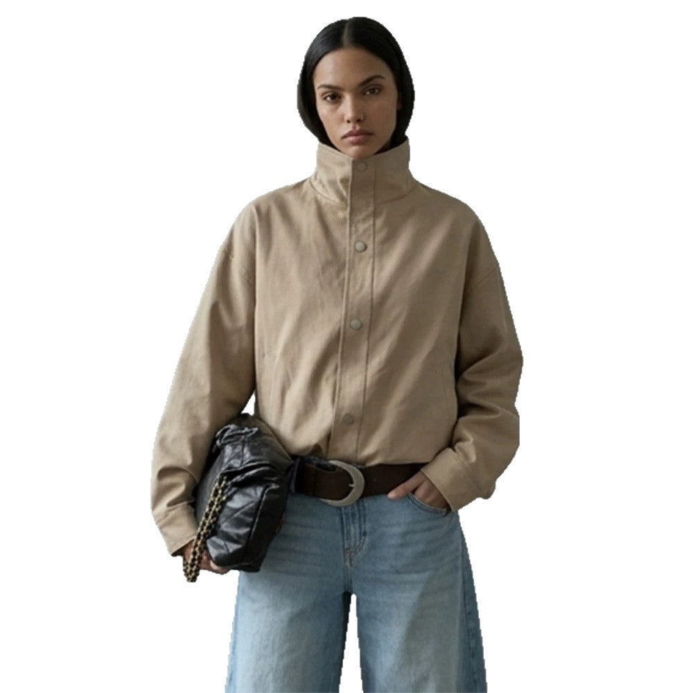 Women Short Boxy Canvas Jacket with High Stand-Up Collar and Snap Button Placket Mune Fashion
