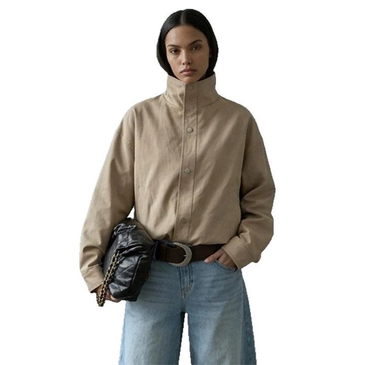 Women Short Boxy Canvas Jacket with High Stand-Up Collar and Snap Button Placket Mune Fashion