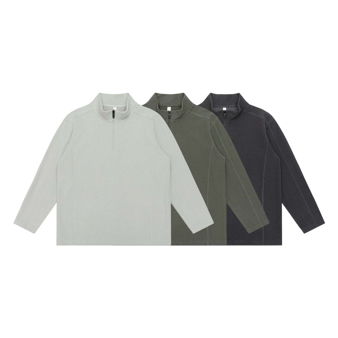 Unisex Waffle Structure Half Zip Pullover with Troyer Collar and Relaxed Fit Mune Fashion