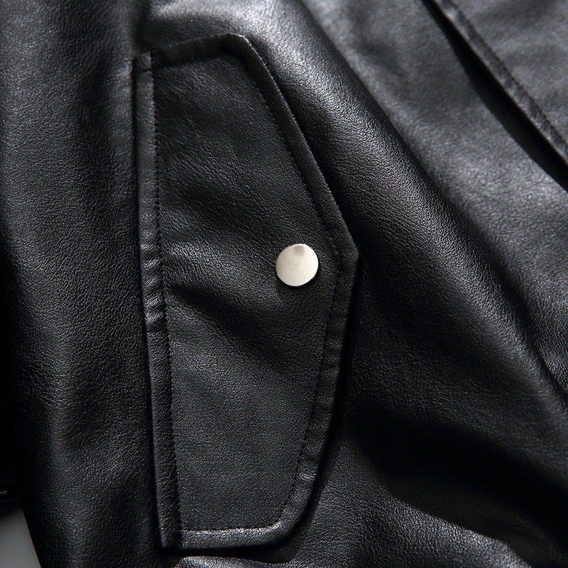 Men's Boxy Faux Leather Blouson Jacket with Stand Collar Snap Placket and Elastic Hem Mune Fashion
