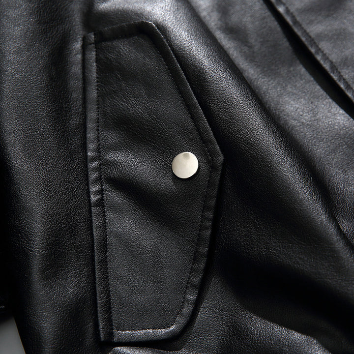 Men's Boxy Faux Leather Blouson Jacket with Stand Collar Snap Placket and Elastic Hem Mune Fashion