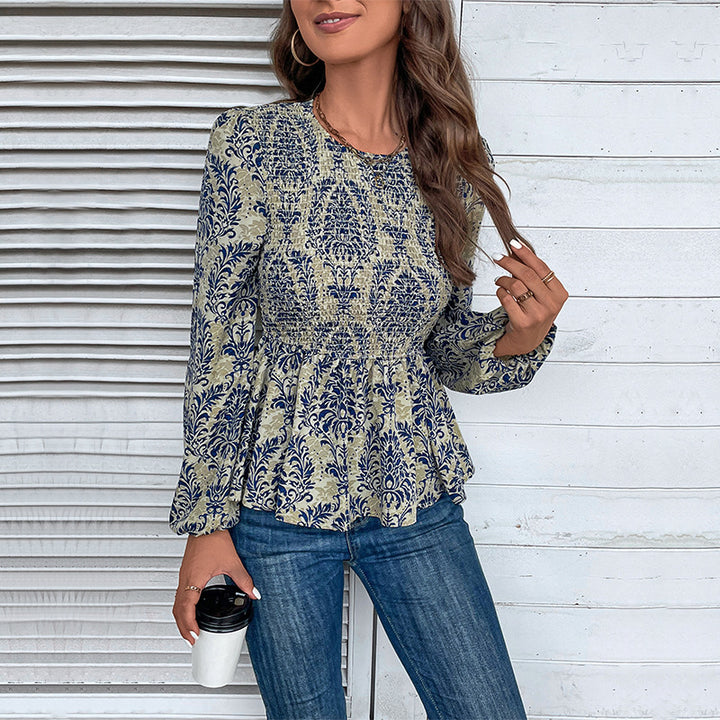 Women's Gathered Smock Blouse Shirt with Peplum and Voluminous Puff Sleeves Mune Fashion