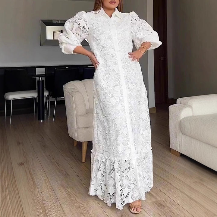 Ladies' maxi dress made of lace with shirt collar and puff sleeves Mune Fashion