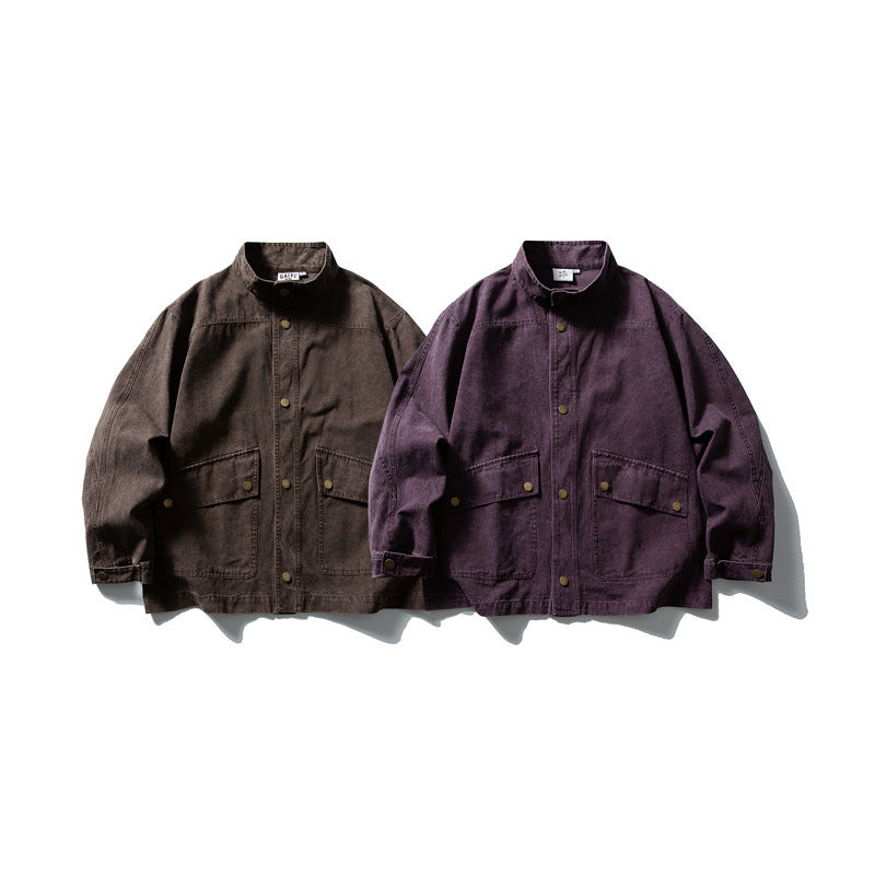 Unisex cleverly tailored canvas worker blouson jacket with stand-up collar and snap button front Mune Fashion