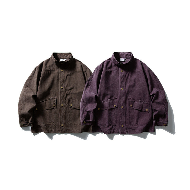 Unisex cleverly tailored canvas worker blouson jacket with stand-up collar and snap button front Mune Fashion