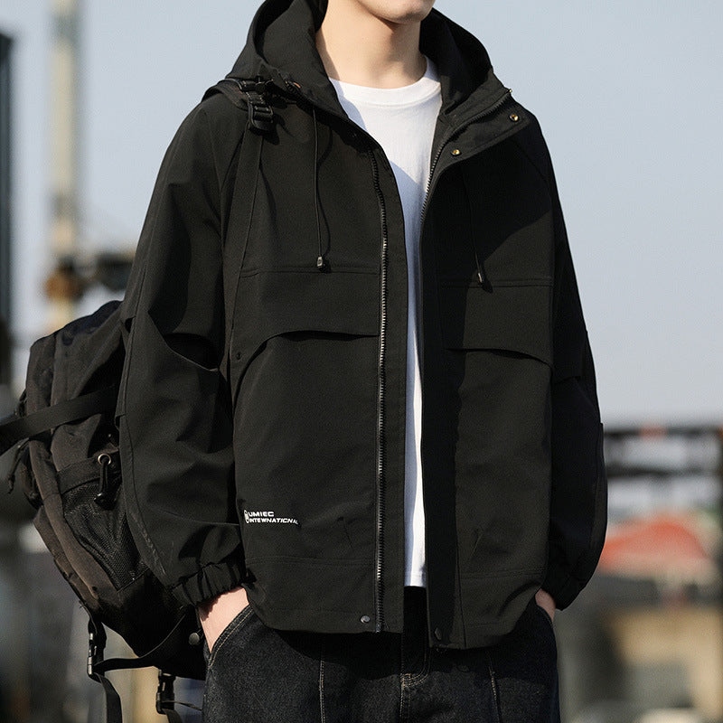 Men's Lightweight Hooded Utility Windbreaker with Large Flap Pockets and Elastic Cuffs Mune Fashion