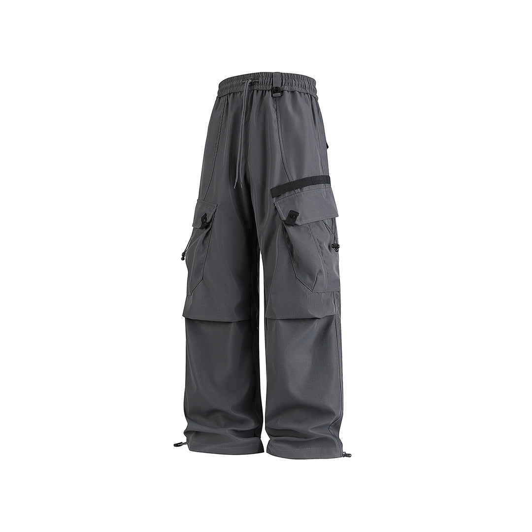 Men's Wide Utility Cargo Pants with Drawstring Waist, Multiple Pockets, and Adjustable Leg Openings Drune