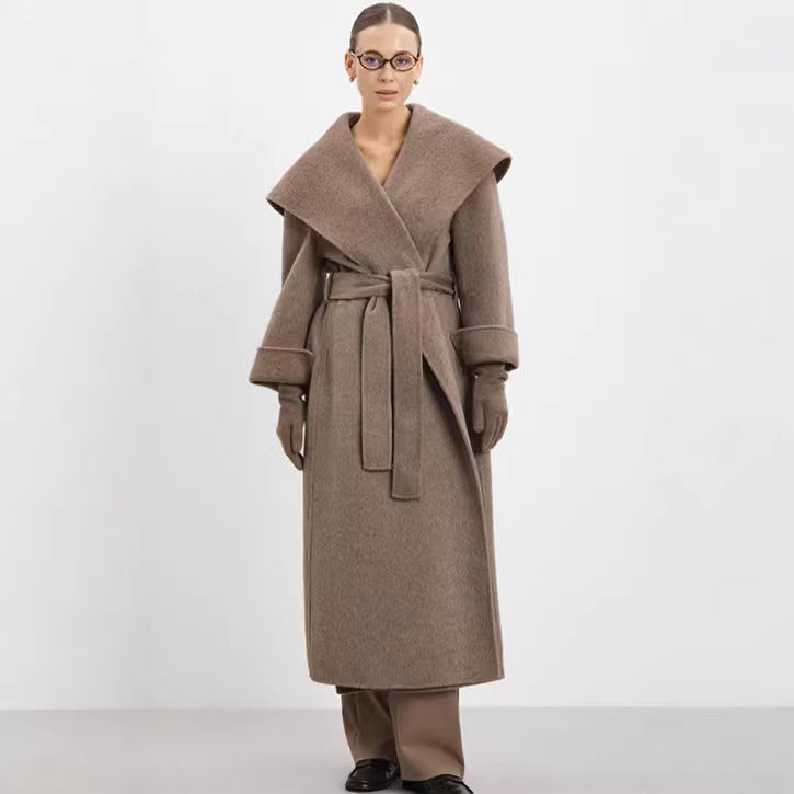 Women's Maxi Coat in Wrap Style with Wide Shawl Collar and Rolled-Up Sleeves Mune Fashion