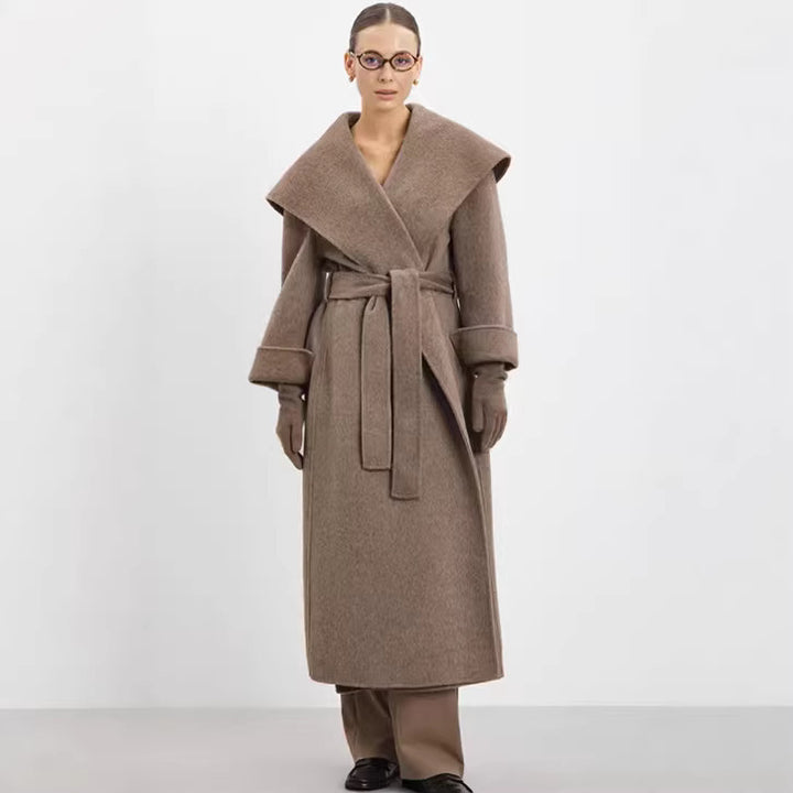 Women's Maxi Coat in Wrap Style with Wide Shawl Collar and Rolled-Up Sleeves Mune Fashion