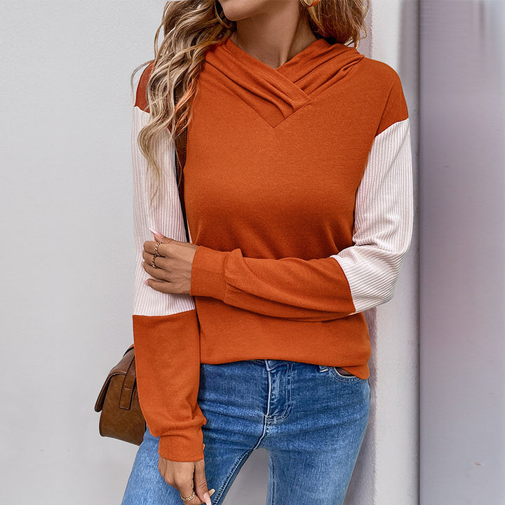 Women's Casual Hoodie with V-neck, Contrast Sleeves and Ribbed Cuffs Mune Fashion