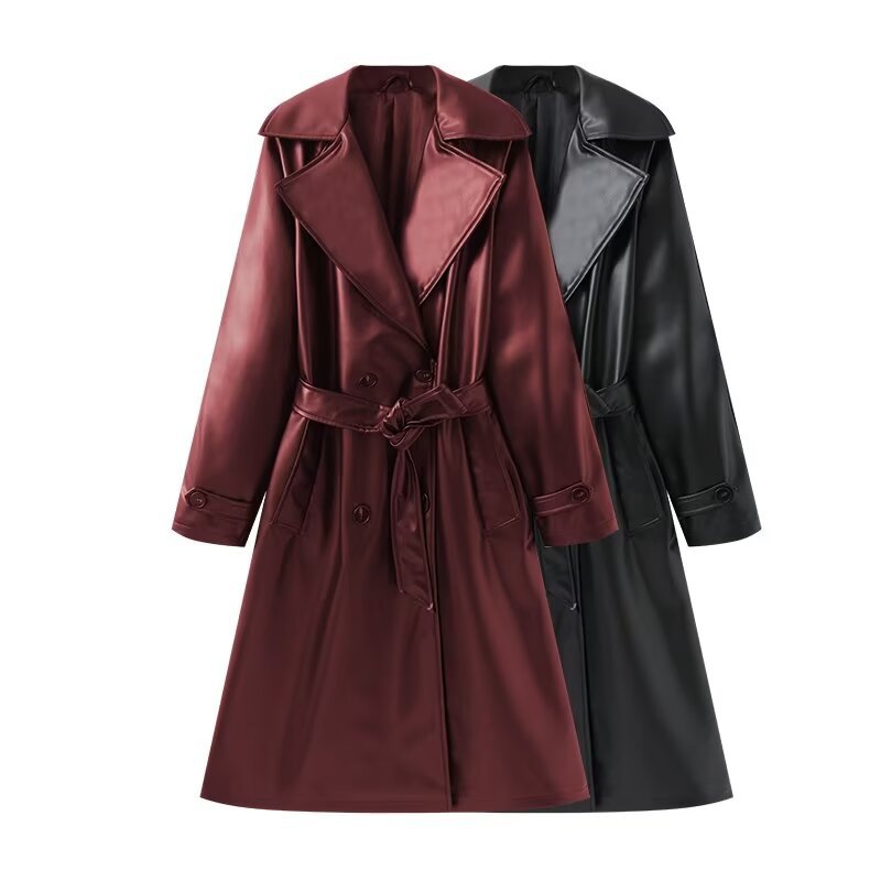 Women's Long Shiny Trench Coat Transition Jacket in Leather Look with Waist Belt Mune Fashion