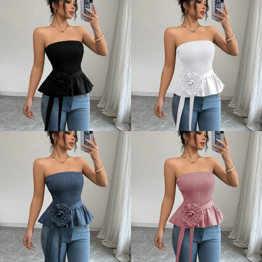 Women's fitted strapless Smok top with ruffle peplum and decorative fabric flower Mune Fashion