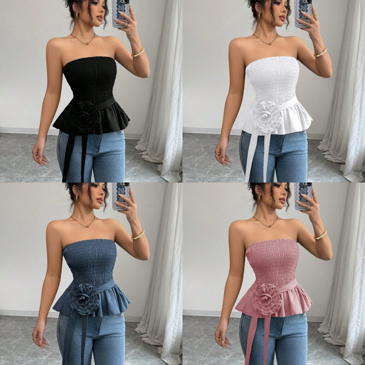 Women's fitted strapless Smok top with ruffle peplum and decorative fabric flower Mune Fashion