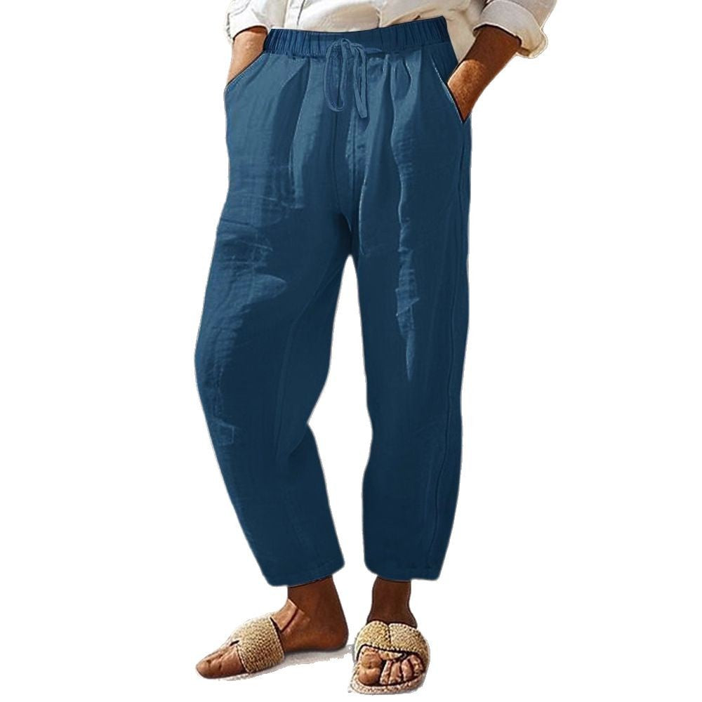 Women's Casual Chino Linen Look Culotte with Elastic Drawstring Waist and Side Pockets Mune Fashion