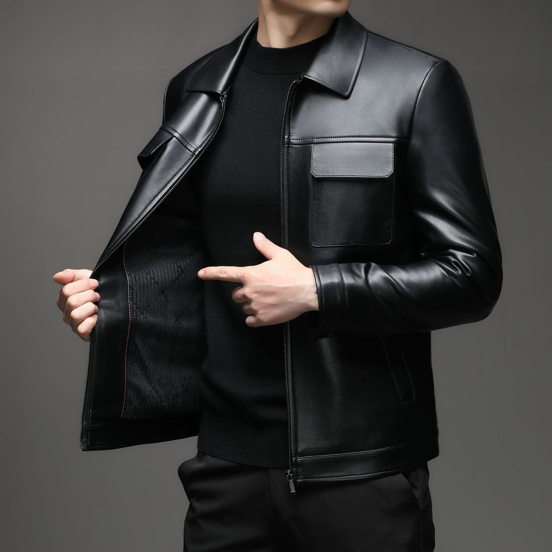 Men Smooth Leather Look Blouson with Chest Flaps and Zipper Mune Fashion