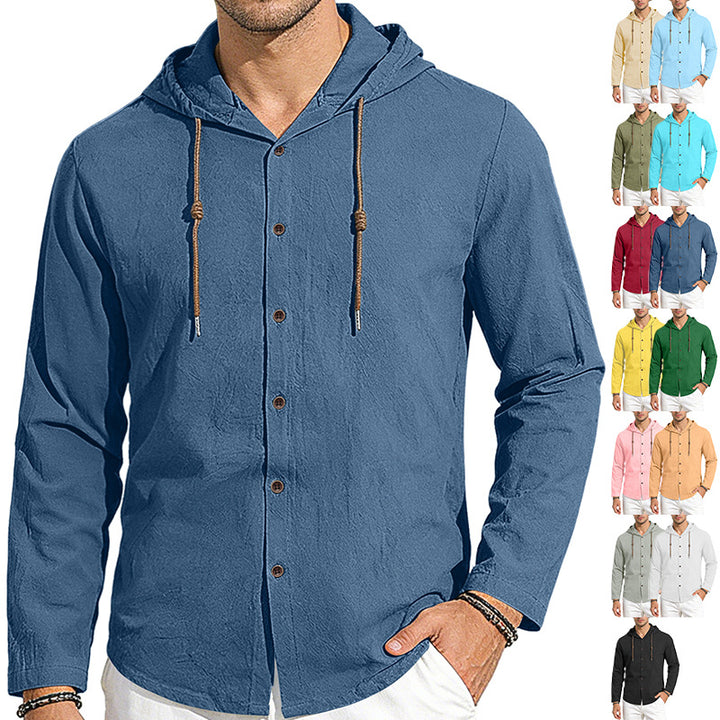 Men's textured linen blend hooded shirt with button placket, wood buttons, and side slits Mune Fashion