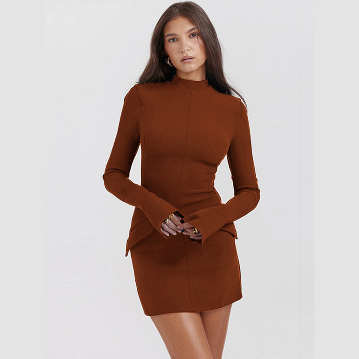 Women's fitted mini dress with stand-up collar, bell sleeves, and peplum detail Mune Fashion
