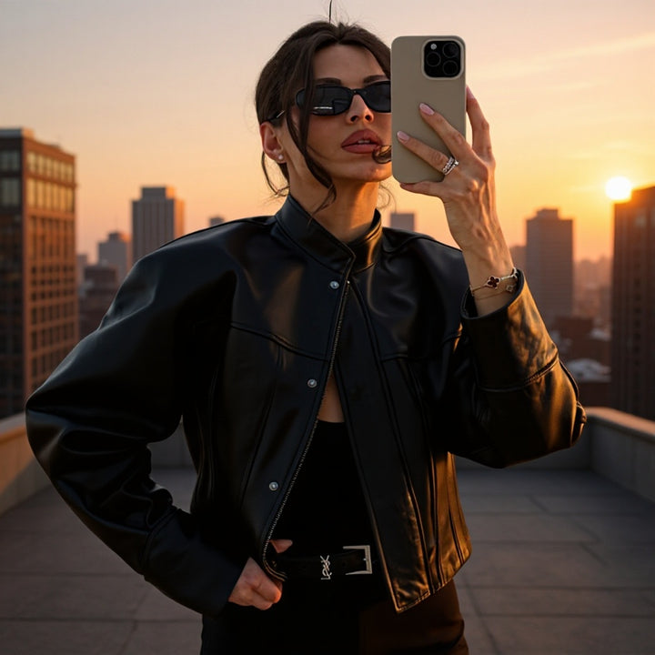 Women's short jacket made of vegan smooth leather with prominent shoulder pads and concealed snap button placket Mune Fashion