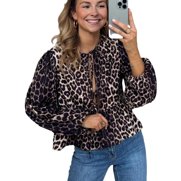 Women’s blouse with leopard print, tie bands and balloon sleeves Mune Fashion