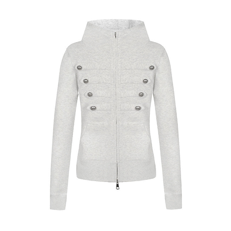 Ladies hooded sweatshirt jacket in military style with stand-up collar, decorative straps, and continuous zipper Mune Fashion