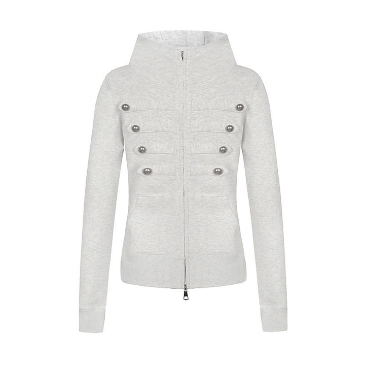 Ladies hooded sweatshirt jacket in military style with stand-up collar, decorative straps, and continuous zipper Mune Fashion