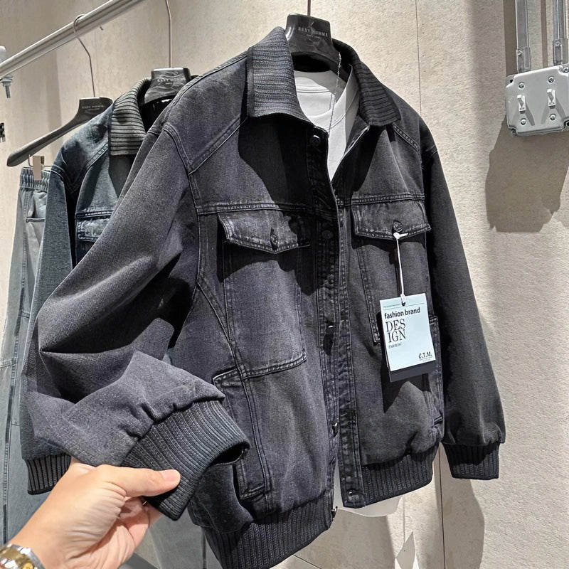 Men's Loose-Fitting Denim Jacket with Ribbed Contrast Collar and Vintage Wash Mune Fashion
