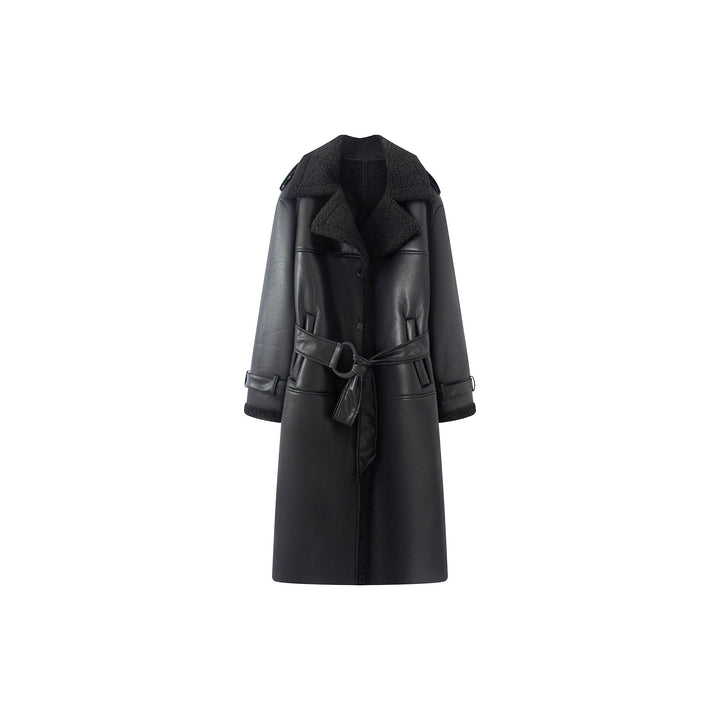 Women's long faux leather coat with teddy lining and belted waist Mune Fashion