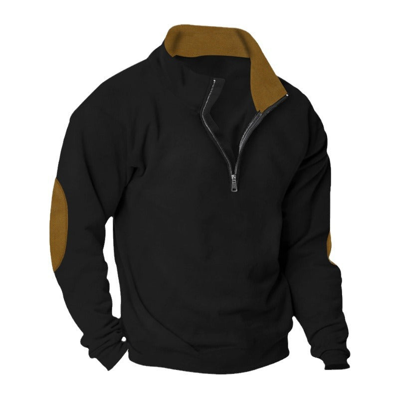 Men's Half-Zip Sweatshirt with Stand-Up Collar, Contrast Collar Lining and Elbow Patches Mune Fashion