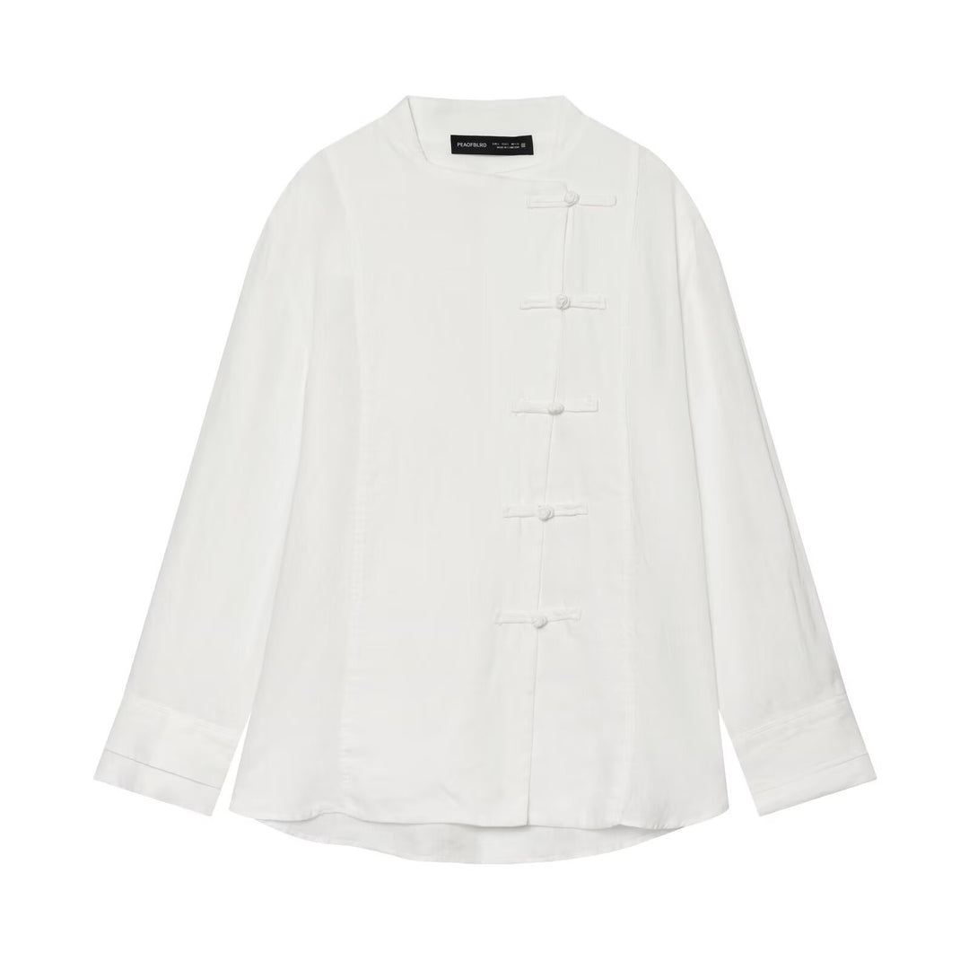 Women's Oversize Linen Blouse with Stand-up Collar and Chinese Knot Buttons Mune Fashion
