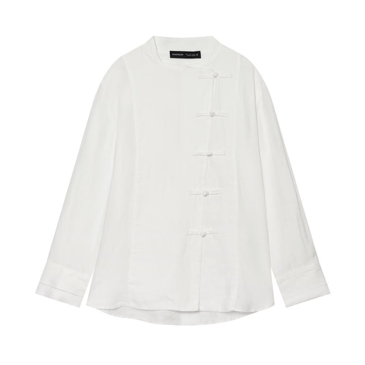 Women's Oversize Linen Blouse with Stand-up Collar and Chinese Knot Buttons Mune Fashion