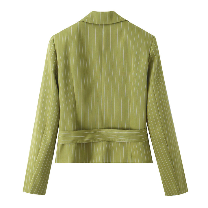 Women Tailored Cropped Blazer with Waist Belt and Pinstripes Mune Fashion