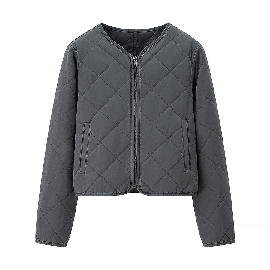 Women Light Quilted Short Jacket with Round Neck, Full Zip and Subtle Waist Length Mune Fashion