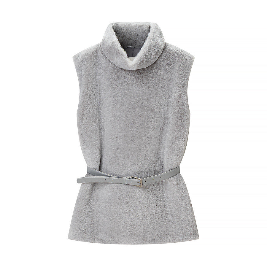 Women's Sleeveless Faux Fur Vest with Stand-Up Collar and Waistbelt Mune Fashion