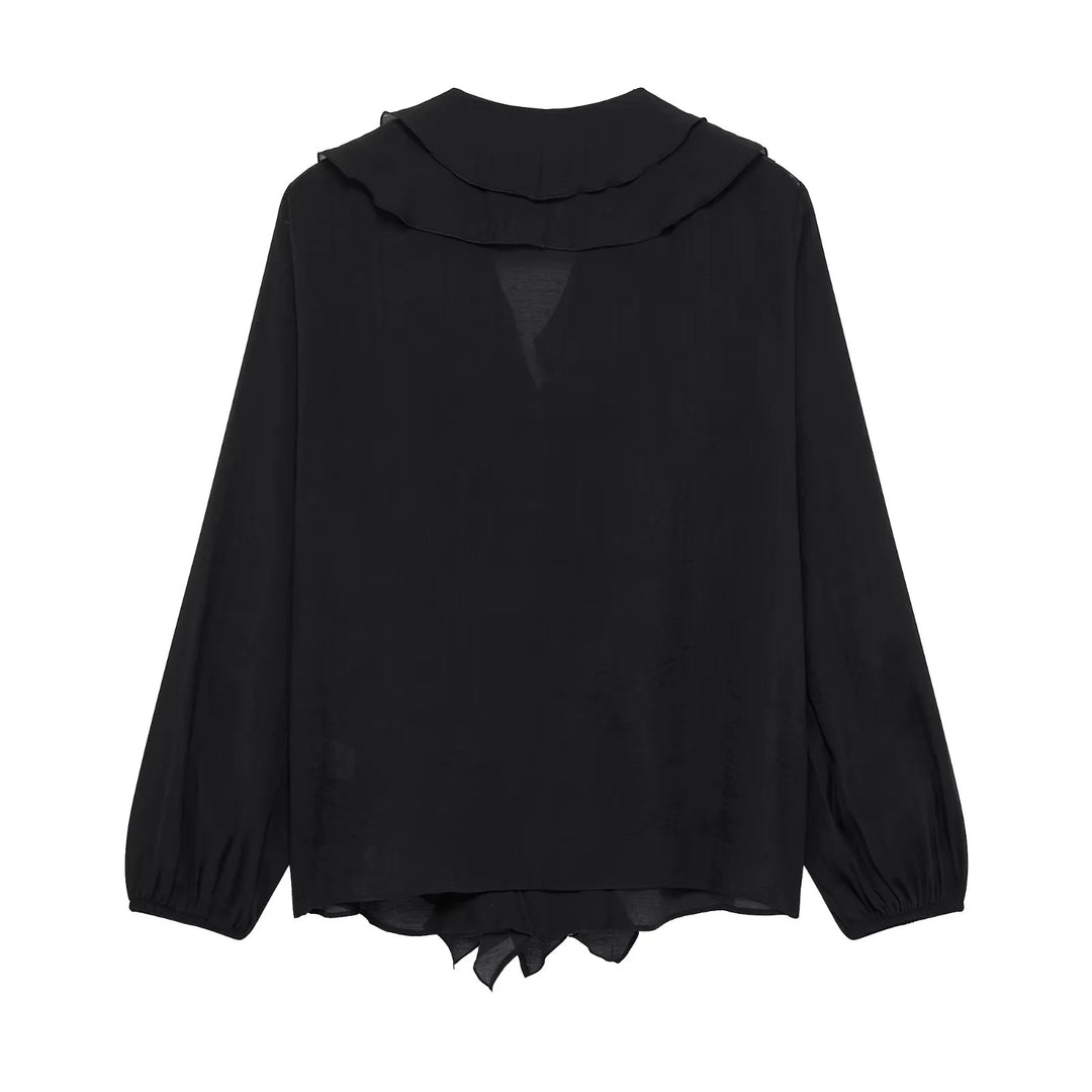 Women ruffled chiffon blouse with V-neck, continuous button placket and ruffle details Mune Fashion
