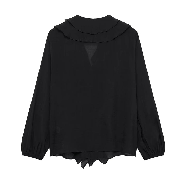 Women ruffled chiffon blouse with V-neck, continuous button placket and ruffle details Mune Fashion