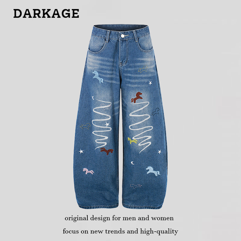 Ladies Wide High-Waist Palazzo Pants made of Denim with Horse Embroidery and Culotte Cut Mune Fashion