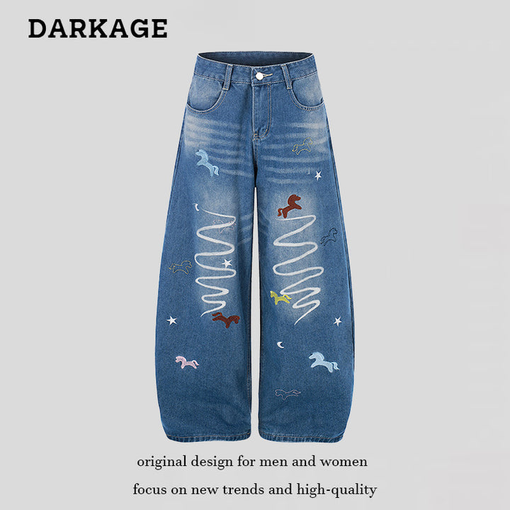 Ladies Wide High-Waist Palazzo Pants made of Denim with Horse Embroidery and Culotte Cut Mune Fashion