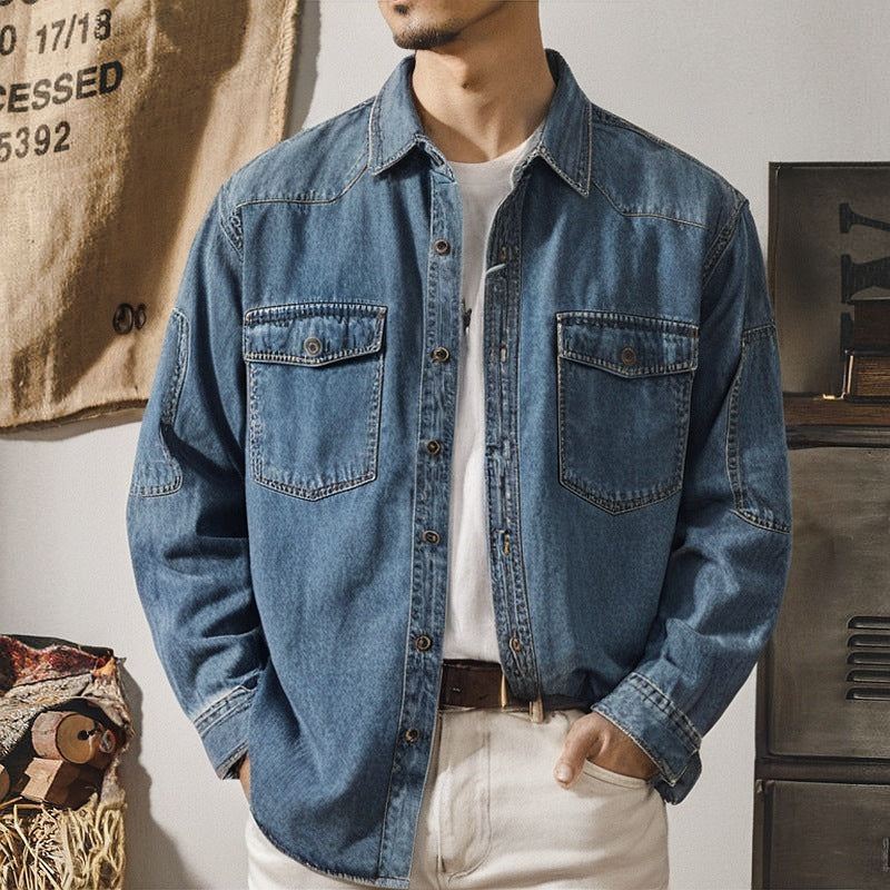 Men's Relaxed Denim Jacket with Flap Pockets, Reinforced Elbows and Visible Button Placket Mune Fashion