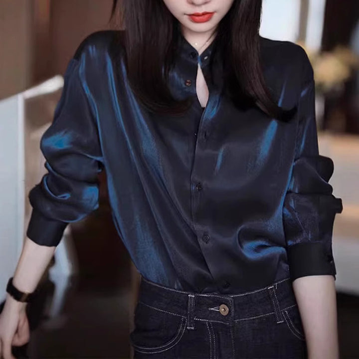 Ladies Elegant Satin Blouse with Stand-Up Collar Drune
