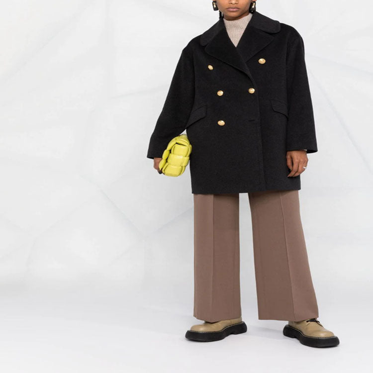 Women's Boxy Double-Breasted Short Coat made of Wool Blend with Golden Decorative Buttons Mune Fashion