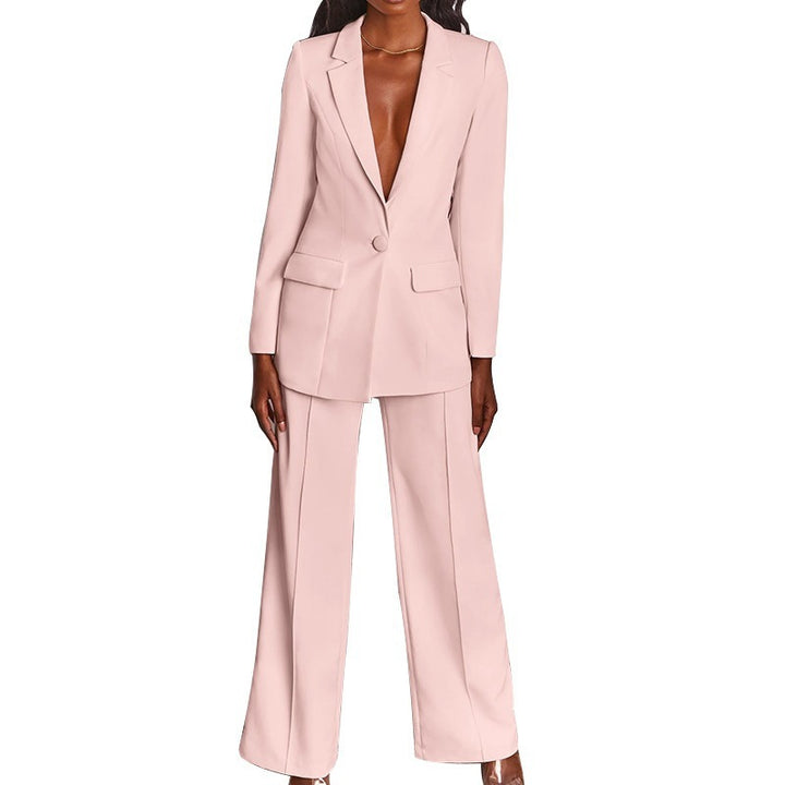 Women's tailored pantsuit with deep lapel, single-button closure, and palazzo pants Mune Fashion