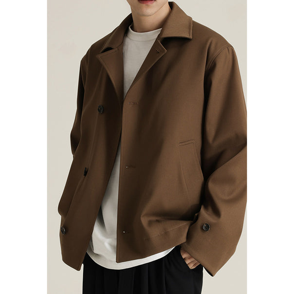 Men's Boxy Short Coat made of Wool Blend with Minimalist Double Button Placket and Shirt Collar Mune Fashion