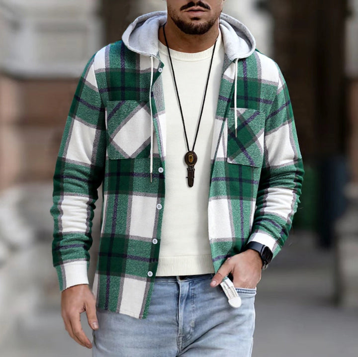 Men's checkered shirt jacket with hood, button placket and chest pockets EB