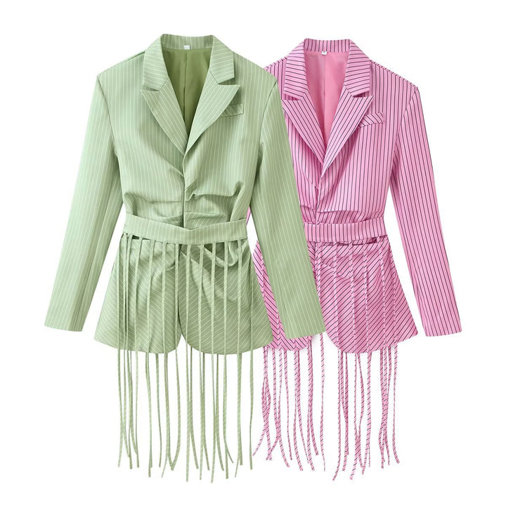 Ladies 20+ tailored blazer with fringe detail and pinstripes Mune Fashion