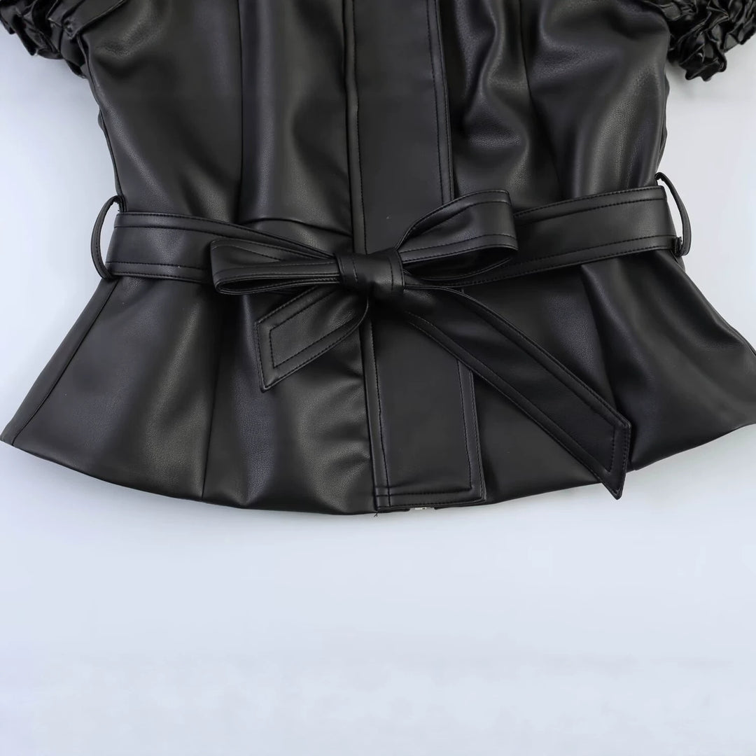 Women's Tailored Vegan Leather Wrap Jacket with Tunnel Drawstring Belt and Oversized Sleeves Mune Fashion
