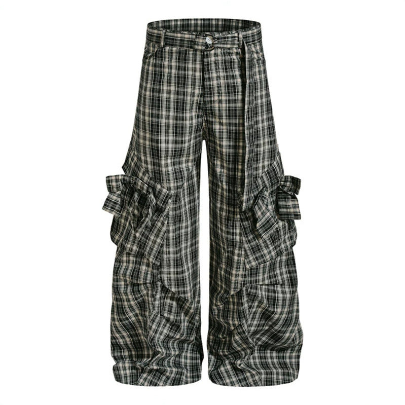 Women checked high-cut cargo pants with wide legs and ruffled pockets Mune Fashion
