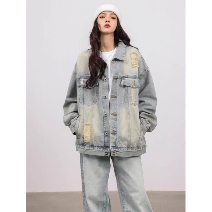 Unisex Vintage-Style Denim-Worker-Jacket with Repair-Details and Straight Cut Mune Fashion